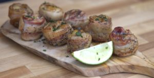 Bacon Wrapped Smoked Scallops and Lime Wedge